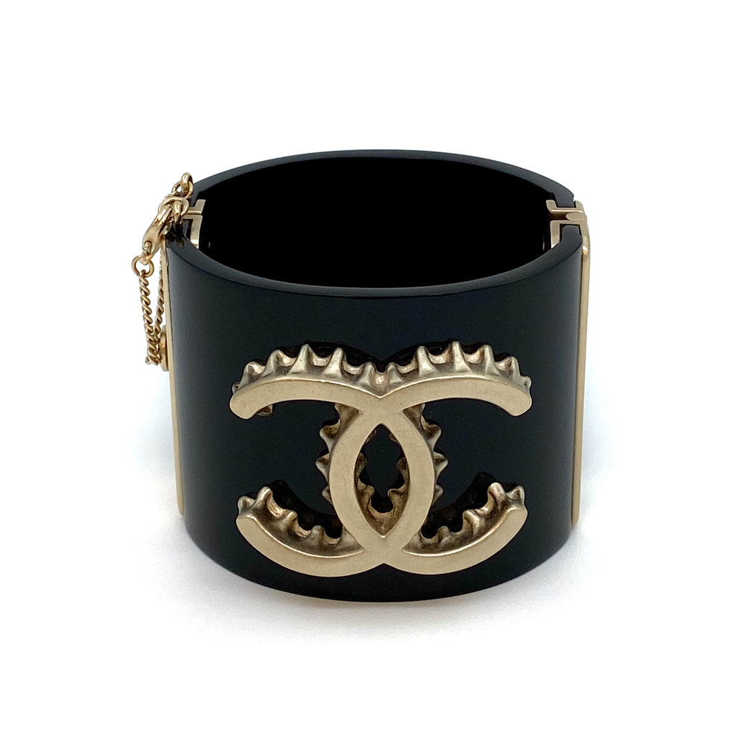Chanel black resin CC wide cuff bracelet