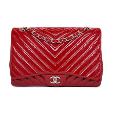 Load image into Gallery viewer, CHANEL Pre-owned, Red Chevron Quilted Patent Leather Jumbo Single Flap, 2009-2010
