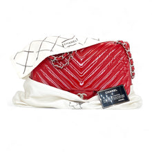 Load image into Gallery viewer, CHANEL Pre-owned, Red Chevron Quilted Patent Leather Jumbo Single Flap, 2009-2010
