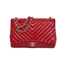 Load image into Gallery viewer, CHANEL Pre-owned, Red Chevron Quilted Patent Leather Jumbo Single Flap, 2009-2010
