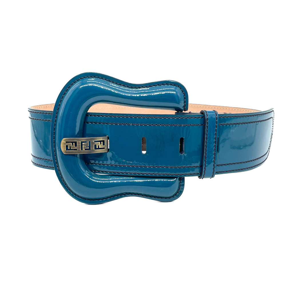 FENDI Blue Patent Leather Buckle Waist Belt