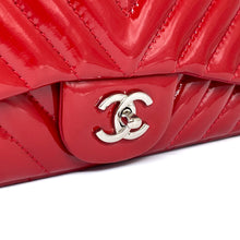 Load image into Gallery viewer, CHANEL Pre-owned, Red Chevron Quilted Patent Leather Jumbo Single Flap, 2009-2010
