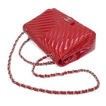 Load image into Gallery viewer, CHANEL Pre-owned, Red Chevron Quilted Patent Leather Jumbo Single Flap, 2009-2010
