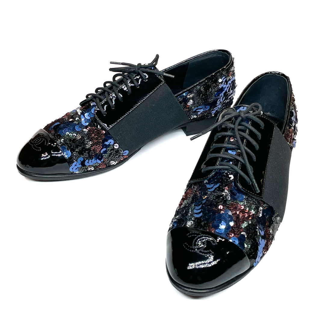 CHANEL  lace up oxford sequin shoes